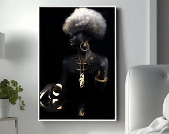 African Girl Canvas Print, Gold and Black Canvas Wall Art, African Woman Canvas Printing, Living Room Wall Art, Modern Wall Art