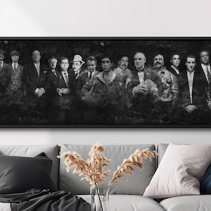 Panoramic Multi Gangster, All Mafia Bosses Canvas Wall Art, Framed Gangster Movie Art, Iconic Mafia Decor