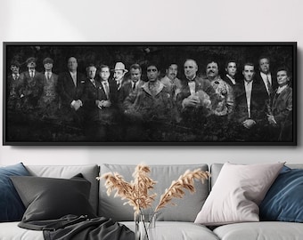 Panorama Multi Gangster, Alle Mafia Bosses Leinwand Wandkunst, Gerahmter Gangsterfilm Kunst, kultiges Mafia Dekor