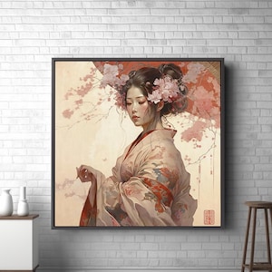 japanese art, geishas, beautiful women, bejin-ga, geisha portrait, extra large wall art, wall art design, framed canvas ready to hang