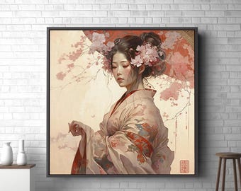 Arte japonés, geishas, mujeres hermosas, bejin-ga, retrato de geisha, arte mural extragrande, diseño de arte mural, lienzo enmarcado listo para colgar