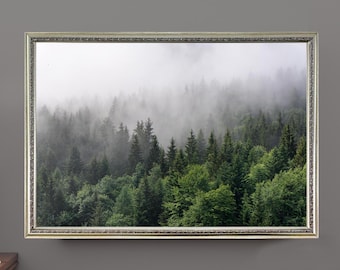 Lienzo decorativo con niebla matutina sobre las montañas, decoración de pared con árboles, naturaleza, bosque, lienzo con impresión de árboles y bosque, lienzo extragrande