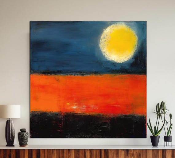 抽象画 オレンジの太陽 油彩 オレンジとブルーの抽象的な太陽の油絵、家の装飾のためのモダンアート