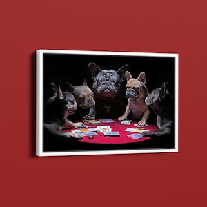 Stampa su tela con bulldog francesi che giocano a poker, stampa incorniciata con gioco di poker con cani, poster divertente con cani, decorazione per giochi di carte con animali