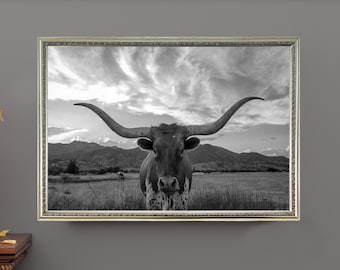 Art mural sur toile vache Longhorn, art Texas longhorn, impression sur toile Longhorn, décoration de ferme, art mural rustique, décoration murale Longhorn, prêt à accrocher