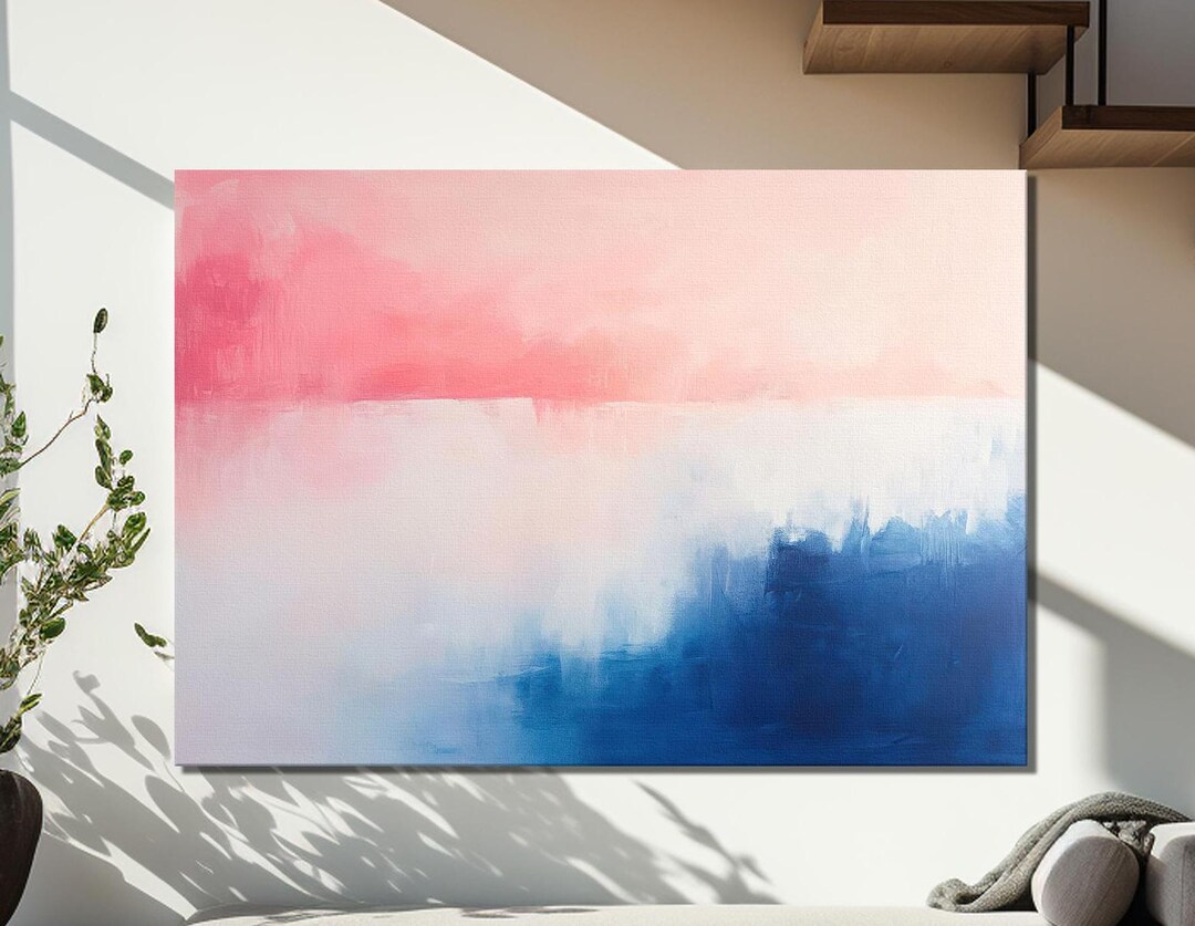 ピンク、白、青の色合いの抽象画キャンバスウォールアート、ソフト