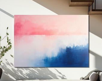 Abstract Painting with Pink, White, and Blue Hues Canvas Wall Art, Soft Modern Art, Elegant Home Decor, Vibrant Colorful Design