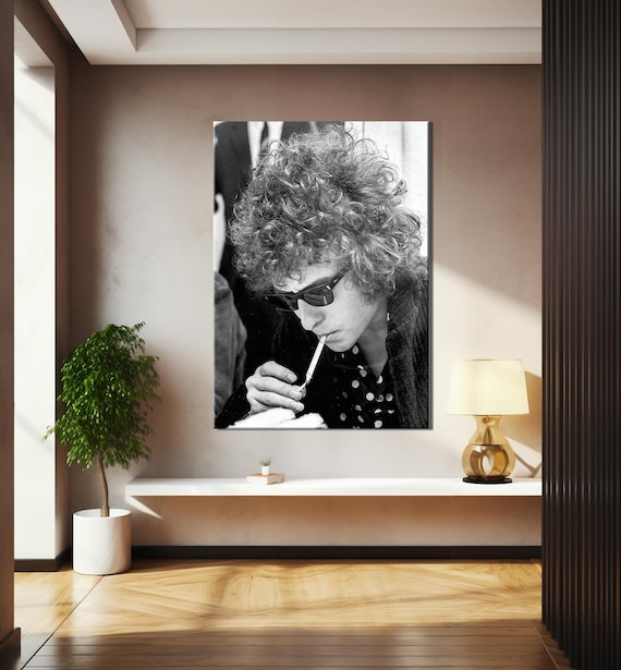 Bob Lights a Cigarette Photo Canvas Print, Bob Dylan Black and White Canvas  Wall Art, Bob Dylan Framed Poster
