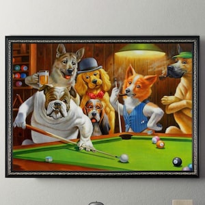 Dogs Playing Billiard Wall Art - Dogs Bar Playing Billiard Poster Dogs at the bar Print Art ,Game Room Decor CANVAS