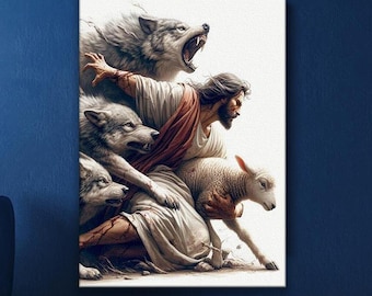 Jesús salva al cordero de los lobos Impresión en lienzo, Pintura religiosa, Pintura de Jesús y el cordero, Arte religioso de pared, Enmarcado