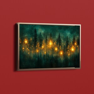 Impression sur toile de peinture forêt lucioles, art mural forêt magique, oeuvre d'art psychédélique, forêt électrique, déco sentier forestier, art d'enluminure