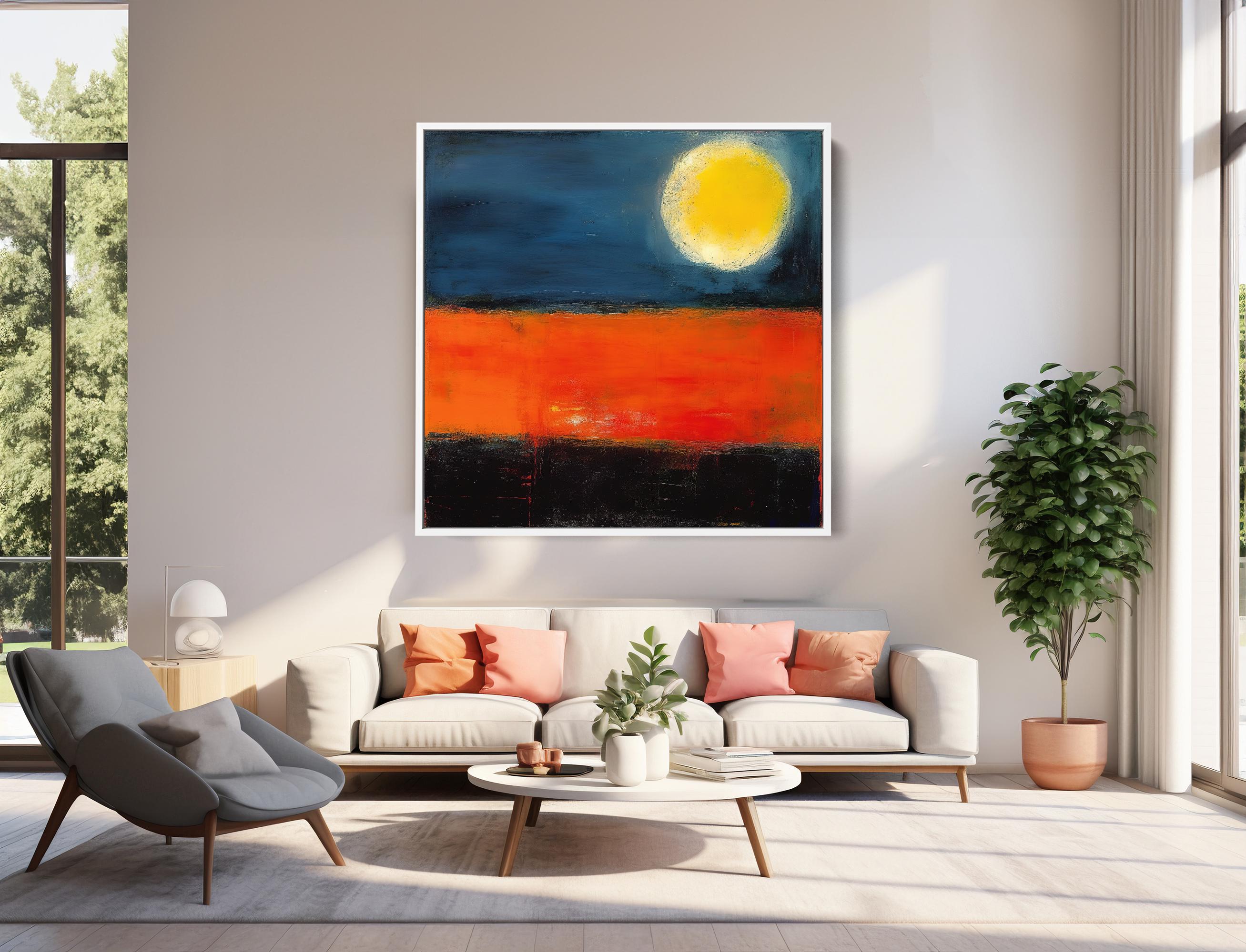 オレンジとブルーの抽象的な太陽の油絵、家の装飾のためのモダンアート