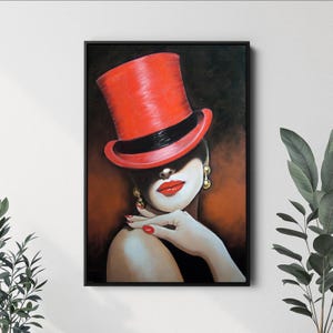 Impression sur toile de femme Elegance Red Hat, impression sur toile, portrait de femme classique encadré, décoration artistique de femme élégante, oeuvre d'art élégante sur toile