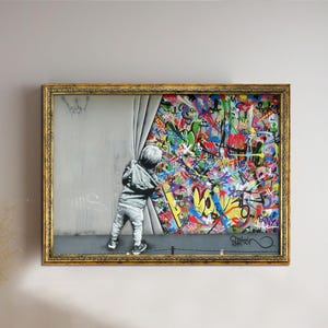 Hinter dem Vorhang, Banksy Wandkunst, Urban Style Leinwand, Kinder Graffiti Wandkunst, Moderne Straßenkunst, Martin Watson Leinwand, Große Wandkunst