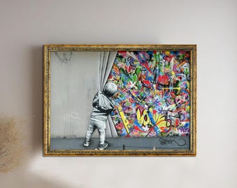 Behind the Curtain, Banksy Wall Art, Urban Style Canvas, Kids Graffiti Wall Art, Modern Street Art, Martin Watson Canvas, Large Wall Art