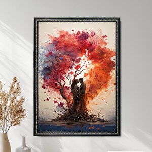 Twin Tree of Love Panting Canvas, Soulmate Wall Art, Symbolic Wall Décor, Vibrant Colorful Silhouettes, Romantic Couple Art Print, Wedding