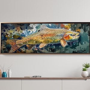 Grande impression sur toile de truite arc-en-ciel - oeuvre d'art murale de pêche vibrante pour cabane ou lodge, tableau encadré de truite arc-en-ciel, cadeau parfait pour les pêcheurs