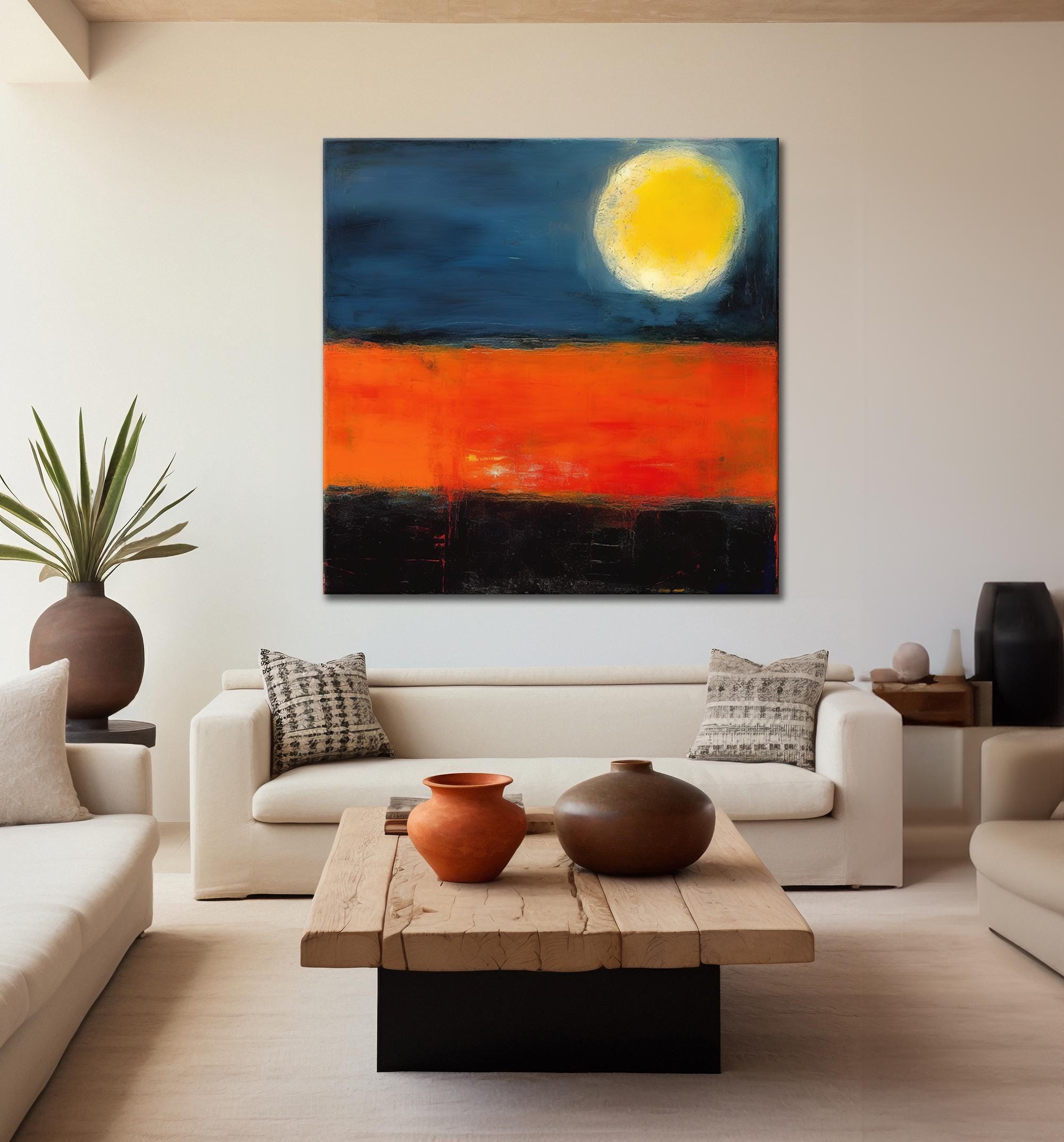 オレンジとブルーの抽象的な太陽の油絵、家の装飾のためのモダンアート