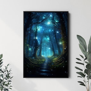 Mystic Night Glowing Forest Path Canvas Wall Art, Framed Enchanted Forest Print, Magical Night Walk Decor