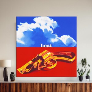 Revolver Heat Pop Art Canvas Wall Art on Red Background, Bold Modern Decor, Vibrant Contemporary Artwork, Ready to Hang