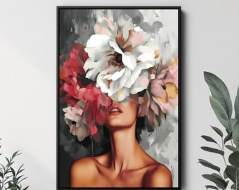 Floral Woman Canvas Print, Flowers Canvas Print, Floral Head Canvas Painting, Ready to Hang