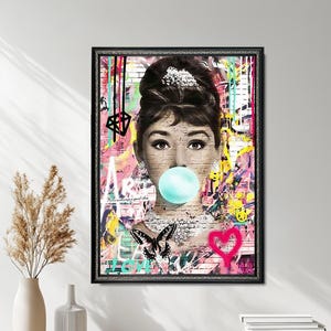 Audrey Hepburn Canvas, Bubble Gum Print, Wall Art Canvas, Hepburn Pink Lips, Modern Poster, Audrey Artwork, Movie Actress, Banksy Graffiti