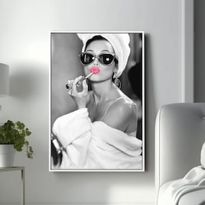 Audrey Hepburn-stijl kunst, Audrey Hepburn-make-up canvasafdruk, Audrey-poster, Hepburn roze lippen, pop-art woondecoratie, iconische muurkunst canvas, iconische muurkunst canvas