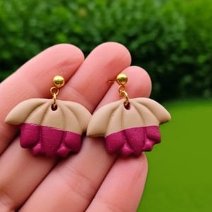 Bold Floral Clay Earrings, Handmade Beige and Magenta Drop Earrings, Lightweight Statement Jewelry, Unique Gift for Her