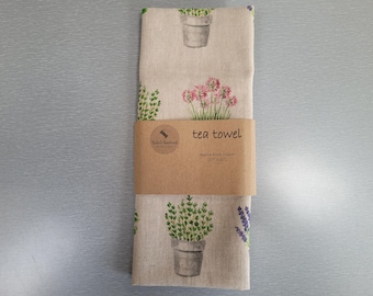 Pretty Herb and Lavender Print Tea Towel Handmade in the UK in Cotton Rich Linen