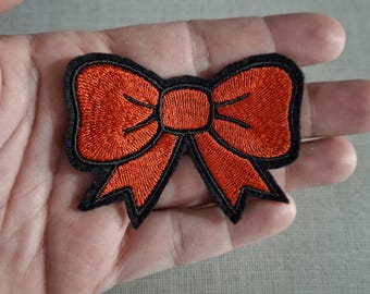 Red Bow Iron-On Patch: Embroidered Ribbon Applique