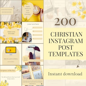 May include: A collection of 200 Christian Instagram post templates for instant download. The templates feature yellow flowers, a cup of coffee, a guitar, a computer screen, and inspirational quotes.