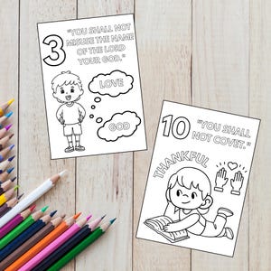 Puede incluir: P&aacute;gina para colorear en blanco y negro con dos ilustraciones de ni&ntilde;os. La primera ilustraci&oacute;n muestra a un ni&ntilde;o con las manos levantadas en gesto de oraci&oacute;n con el texto "No codiciar&aacute;s." y el n&uacute;mero "10" sobre el ni&ntilde;o. La segunda ilustraci&oacute;n muestra a un ni&ntilde;o con una burbuja de pensamiento sobre su cabeza que dice "Dios" y "Amor". El n&uacute;mero "3" est&aacute; sobre el ni&ntilde;o y el texto "No tomar&aacute;s el nombre del Se&ntilde;or tu Dios en vano." est&aacute; debajo del ni&ntilde;o.