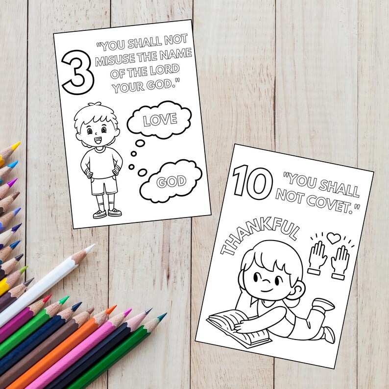 Puede incluir: P&aacute;gina para colorear en blanco y negro con dos ilustraciones de ni&ntilde;os. La primera ilustraci&oacute;n muestra a un ni&ntilde;o con las manos levantadas en gesto de oraci&oacute;n con el texto "No codiciar&aacute;s." y el n&uacute;mero "10" sobre el ni&ntilde;o. La segunda ilustraci&oacute;n muestra a un ni&ntilde;o con una burbuja de pensamiento sobre su cabeza que dice "Dios" y "Amor". El n&uacute;mero "3" est&aacute; sobre el ni&ntilde;o y el texto "No tomar&aacute;s el nombre del Se&ntilde;or tu Dios en vano." est&aacute; debajo del ni&ntilde;o.
