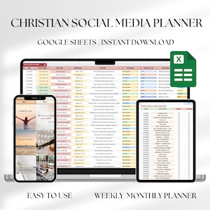 Può includere: Un planner digitale per contenuti di social media cristiani. Il planner è un foglio di calcolo di Google con schede per la pianificazione settimanale e mensile. Il foglio include colonne per la data, l'idea di post, la scrittura, la didascalia, la piattaforma, il tipo di contenuto e gli hashtag. Il planner include anche una checklist di pubblicazione con colonne per la data, l'idea di post, l'immagine e la didascalia.