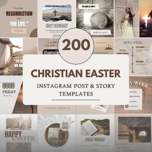 May include: A set of 200 Christian Easter Instagram post and story templates. The templates feature religious imagery, including a cross, an open Bible, and the text "He is Risen." The colour palette includes beige, brown, and white.