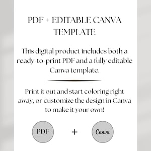 Puede incluir: Un producto digital incluye tanto un PDF imprimible como una plantilla de Canva editable. El texto "PDF + EDITABLE CANVA TEMPLATE" est&aacute; en la parte superior de la imagen. Los textos "PDF" y "Canva" est&aacute;n en c&iacute;rculos.