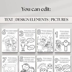 Puede incluir: P&aacute;ginas para colorear imprimibles en blanco y negro con los Diez Mandamientos. Cada p&aacute;gina incluye un n&uacute;mero, un mandamiento y una ilustraci&oacute;n. Las ilustraciones incluyen ni&ntilde;os, corazones y otros s&iacute;mbolos religiosos.