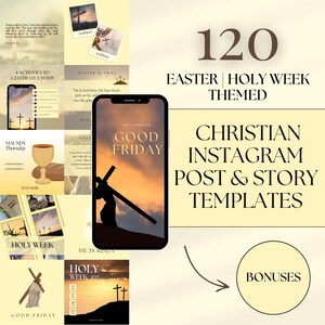 Può includere: Un mockup di prodotto digitale che presenta uno smartphone che mostra una grafica con il testo "Have a blessed Good Friday". La grafica è posizionata su uno sfondo di tramonto con una silhouette di una persona che porta una croce. L'immagine include anche del testo che recita "120 Easter | Holy Week Themed Christian Instagram Post & Story Templates" e "Bonuses".
