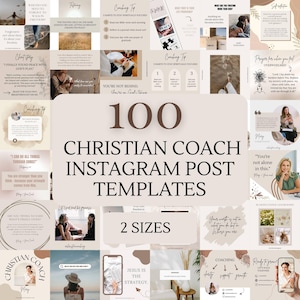 May include: A collection of 100 Christian coach Instagram post templates in two sizes. The templates feature inspirational quotes, coaching tips, and graphics in a neutral color palette with text such as "Jesus is the strategy."