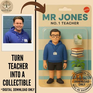 Op de afbeelding: Een verzamelobject van "Mr. Jones, No. 1 Teacher" in een retro-verpakking. De figuur draagt een blauwe hoodie, zwarte shorts en een bril. Accessoires zijn een drankje, boeken en een plant. De tekst luidt "Verander leraar in een verzamelobject".