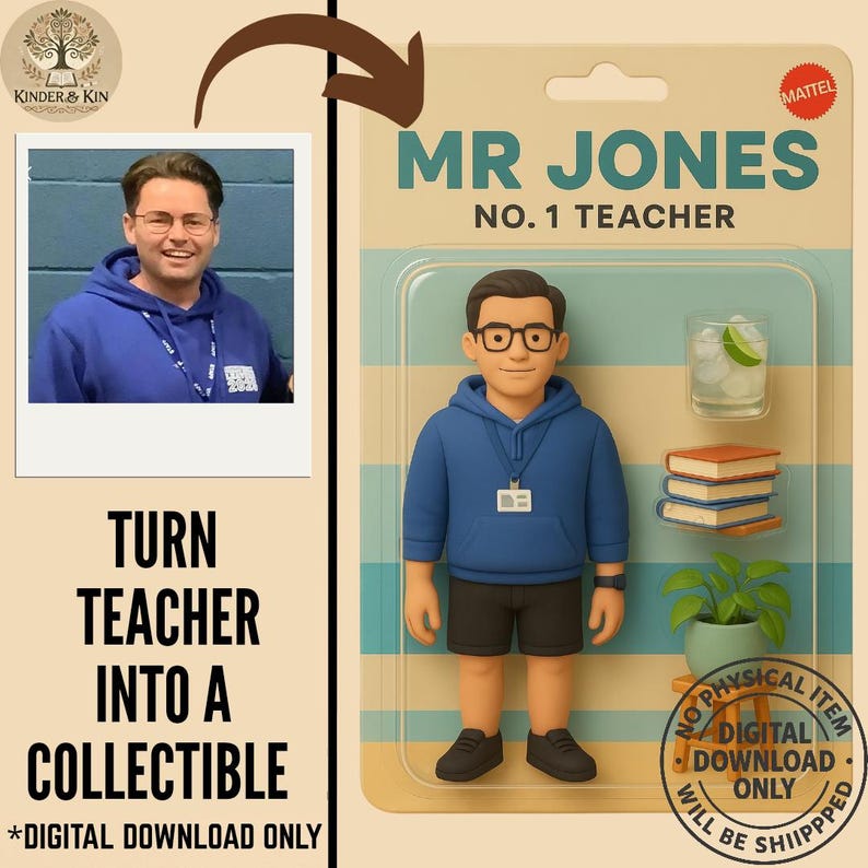 Op de afbeelding: Een verzamelobject van "Mr. Jones, No. 1 Teacher" in een retro-verpakking. De figuur draagt een blauwe hoodie, zwarte shorts en een bril. Accessoires zijn een drankje, boeken en een plant. De tekst luidt "Verander leraar in een verzamelobject".