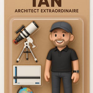 Op de afbeelding: Speelgoedfiguur van een man genaamd Ian, met het label "Architect Extraordinaire", verpakt in een kartonnen blisterverpakking. De figuur draagt een zwart shirt, een grijze broek en een grijze pet. Accessoires zijn een telescoop, een tekentafel en een wereldbol.