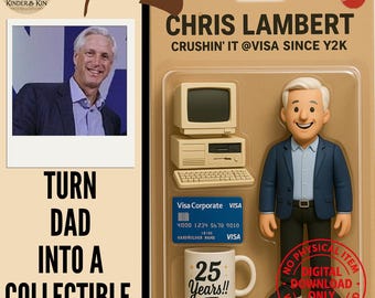 May include: Collectible figure of Chris Lambert, packaged in a retro-style blister pack. The figure is accompanied by a computer, a Visa card, and a mug that says "25 Years!!". The packaging includes the text "CRUSHIN' IT @VISA SINCE Y2K".