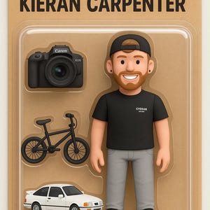 Op de afbeelding: Een speelgoedset met een figuur van Kieran Carpenter, een Canon EOS camera, een zwarte fiets en een witte auto. De figuur draagt een zwart t-shirt, een grijze broek en een zwarte pet. De verpakking leest "KIERAN CARPENTER" en "MATTEL".
