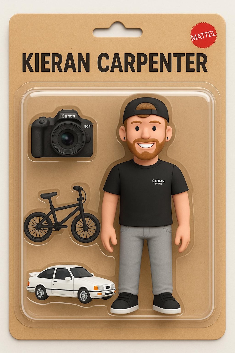 Op de afbeelding: Een speelgoedset met een figuur van Kieran Carpenter, een Canon EOS camera, een zwarte fiets en een witte auto. De figuur draagt een zwart t-shirt, een grijze broek en een zwarte pet. De verpakking leest "KIERAN CARPENTER" en "MATTEL".