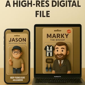 Op de afbeelding: Een smartphone en een laptop tonen digitale bestanden. De telefoon toont een cartoonfiguur genaamd Jason, met de tekst "Absolutely Studying". De laptop toont Marky, "The Bishop", met accessoires. De tekst luidt "DELIVERED AS A HIGH-RES DIGITAL FILE."