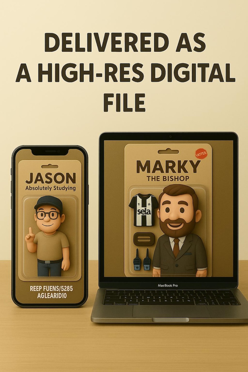 Op de afbeelding: Een smartphone en een laptop tonen digitale bestanden. De telefoon toont een cartoonfiguur genaamd Jason, met de tekst "Absolutely Studying". De laptop toont Marky, "The Bishop", met accessoires. De tekst luidt "DELIVERED AS A HIGH-RES DIGITAL FILE."
