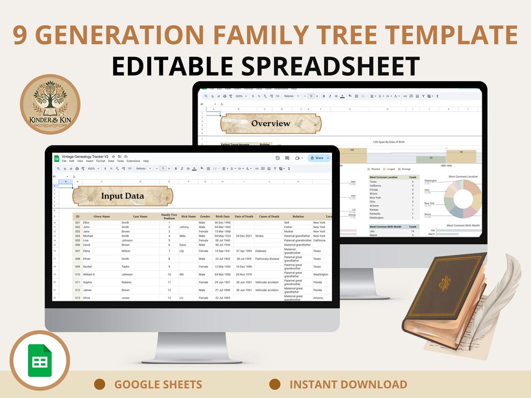 9 Generation Family Tree Template | Editable Genealogy Tracker ...