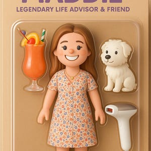 Op de afbeelding: Een poppenset met een pop genaamd Maddie, een witte puppy, een cocktail en een ontharingsapparaat. De pop draagt een bloemenjurk. De verpakking bevat de tekst "MADDIE LEGENDARY LIFE ADVISOR & FRIEND" en het Mattel-logo.