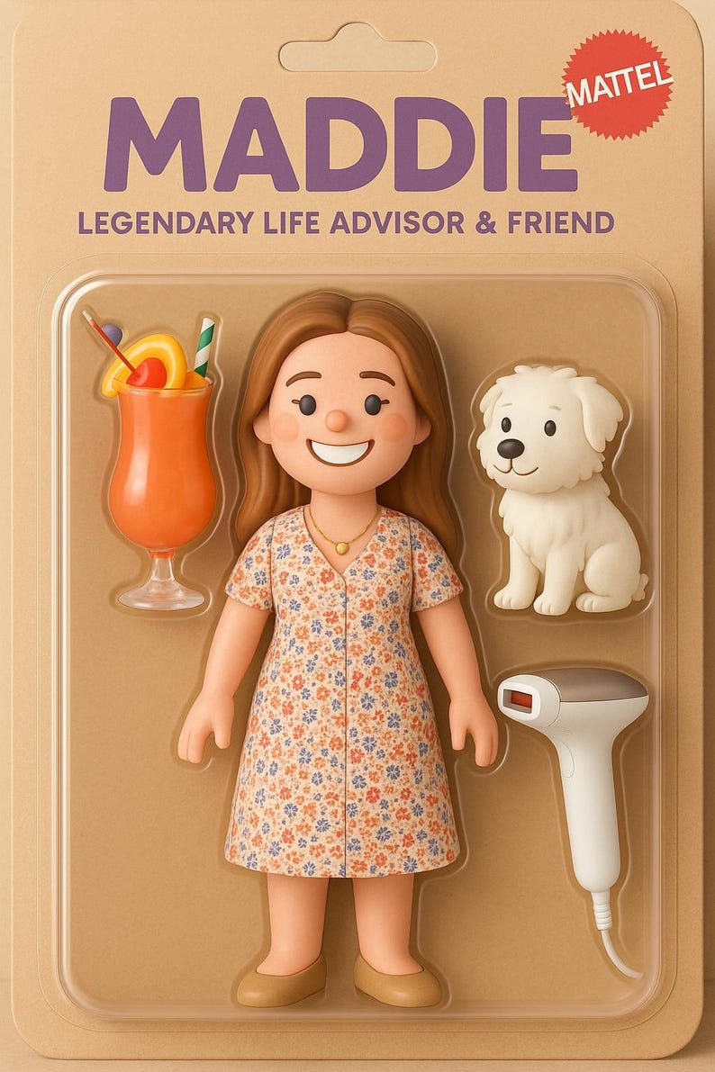 Op de afbeelding: Een poppenset met een pop genaamd Maddie, een witte puppy, een cocktail en een ontharingsapparaat. De pop draagt een bloemenjurk. De verpakking bevat de tekst "MADDIE LEGENDARY LIFE ADVISOR & FRIEND" en het Mattel-logo.